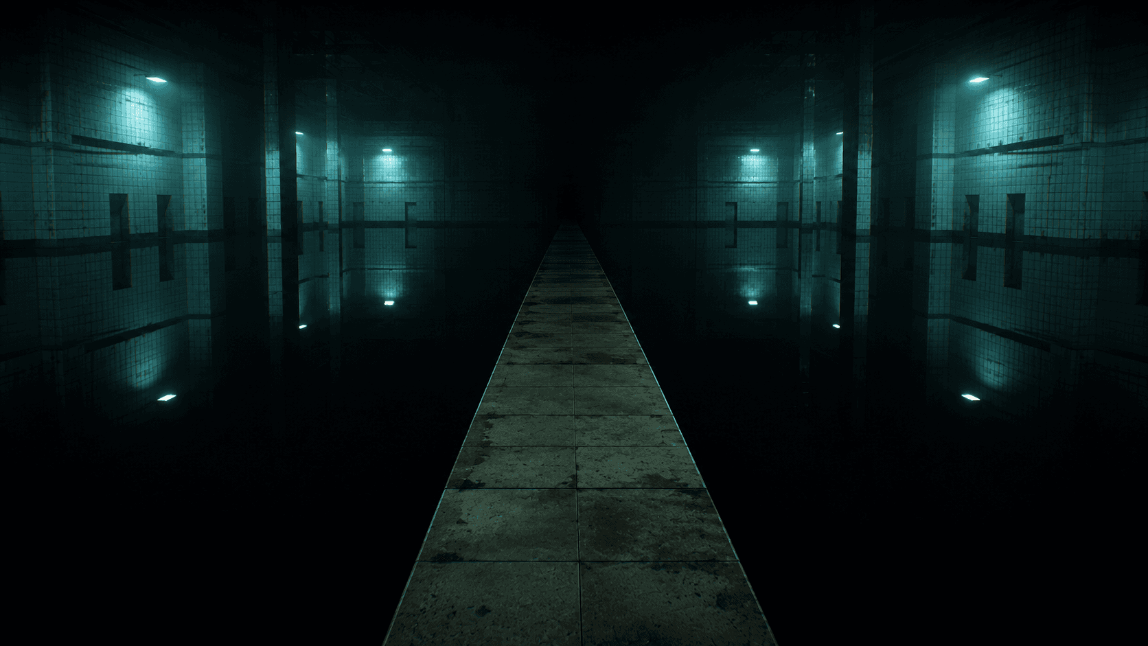 A narrow walkway over vast black water