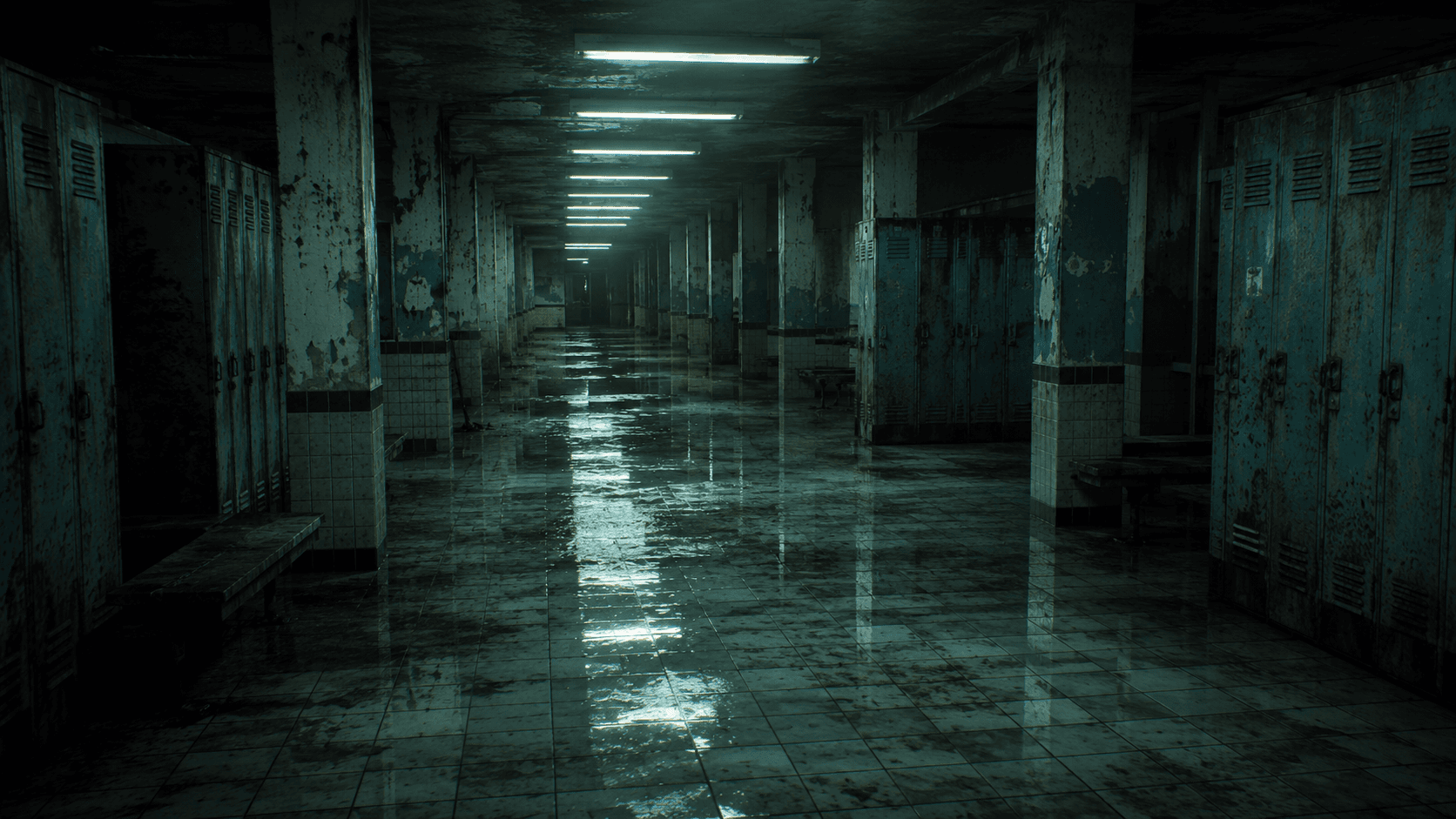 An abandoned, flooded locker room